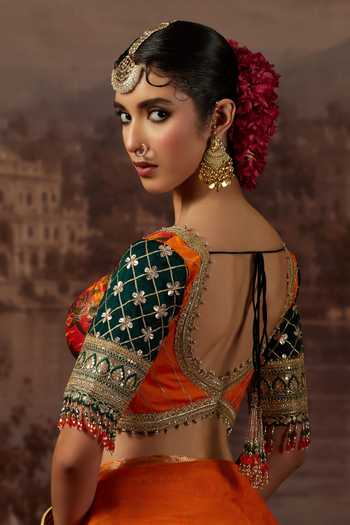 Buy_Shikhar Sharma_Orange Crepe, Silk, Brocade Leaf Neck Dori Border Embroidered Saree With Blouse _Online_at_Aza_Fashions