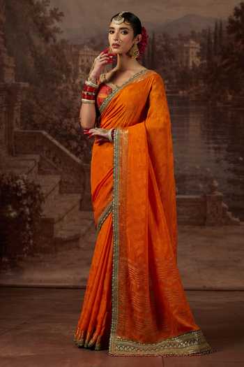 Shop_Shikhar Sharma_Orange Crepe, Silk, Brocade Leaf Neck Dori Border Embroidered Saree With Blouse _Online_at_Aza_Fashions
