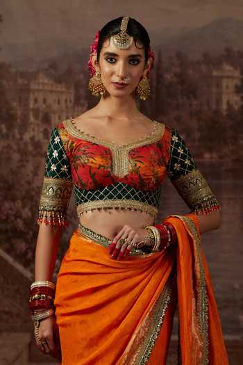 Shikhar Sharma_Orange Crepe, Silk, Brocade Leaf Neck Dori Border Embroidered Saree With Blouse _at_Aza_Fashions