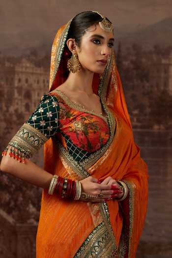 Buy_Shikhar Sharma_Orange Crepe, Silk, Brocade Leaf Neck Dori Border Embroidered Saree With Blouse 