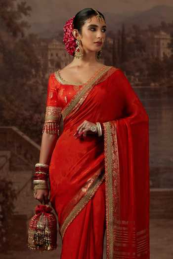 Shikhar Sharma Orange Crepe, Silk Round Neck Thread Work Saree With Blouse Online at Aza Fashions Shikhar Sharma_Orange Crepe, Silk Round Neck Thread Work Saree With Blouse _Online_at_Aza_Fashions