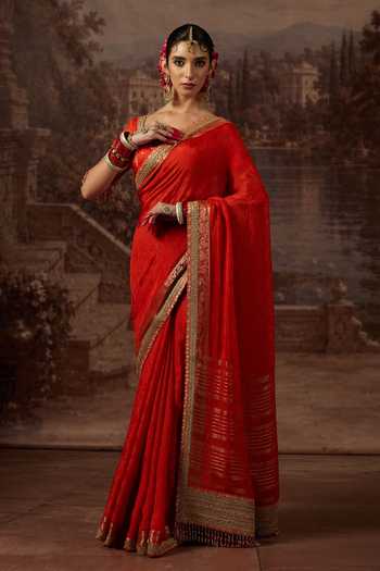 Buy Shikhar Sharma Orange Crepe, Silk Round Neck Thread Work Saree With Blouse Online at Aza Fashions Buy_Shikhar Sharma_Orange Crepe, Silk Round Neck Thread Work Saree With Blouse _Online_at_Aza_Fashions