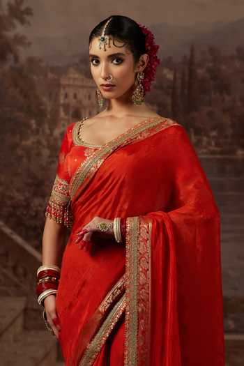 Shop Shikhar Sharma Orange Crepe, Silk Round Neck Thread Work Saree With Blouse Online at Aza Fashions Shop_Shikhar Sharma_Orange Crepe, Silk Round Neck Thread Work Saree With Blouse _Online_at_Aza_Fashions