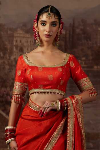 Shikhar Sharma Orange Crepe, Silk Round Neck Thread Work Saree With Blouse at Aza Fashions Shikhar Sharma_Orange Crepe, Silk Round Neck Thread Work Saree With Blouse _at_Aza_Fashions