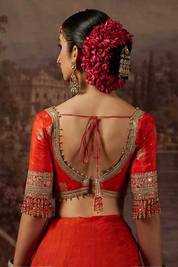 Buy Shikhar Sharma Orange Crepe, Silk Round Neck Thread Work Saree With Blouse Buy_Shikhar Sharma_Orange Crepe, Silk Round Neck Thread Work Saree With Blouse