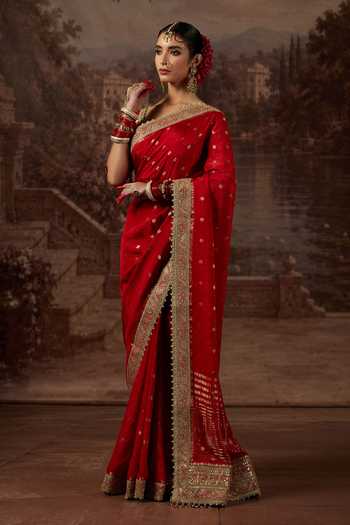 Shikhar Sharma_Red Crepe, Silk, Chanderi Leaf Neck Zari Woven Butti Saree With Blouse _Online_at_Aza_Fashions