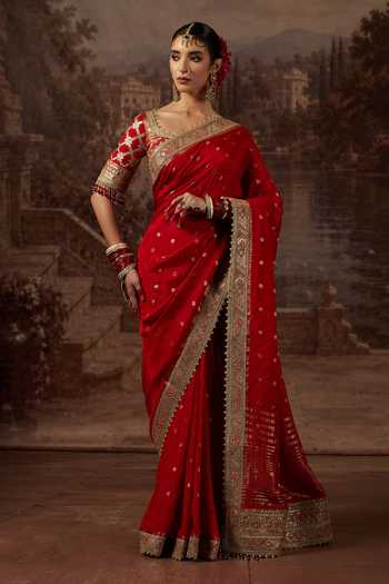 Buy_Shikhar Sharma_Red Crepe, Silk, Chanderi Leaf Neck Zari Woven Butti Saree With Blouse _Online_at_Aza_Fashions