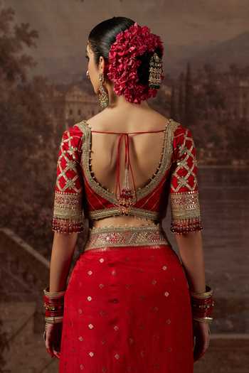 Shop_Shikhar Sharma_Red Crepe, Silk, Chanderi Leaf Neck Zari Woven Butti Saree With Blouse _Online_at_Aza_Fashions