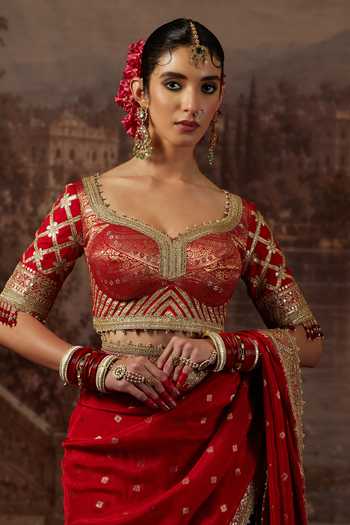 Shikhar Sharma_Red Crepe, Silk, Chanderi Leaf Neck Zari Woven Butti Saree With Blouse _at_Aza_Fashions