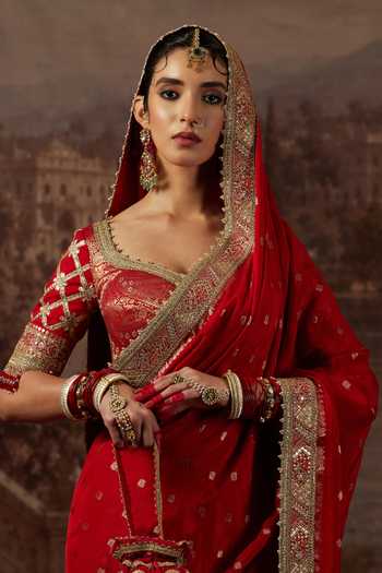 Buy_Shikhar Sharma_Red Crepe, Silk, Chanderi Leaf Neck Zari Woven Butti Saree With Blouse 