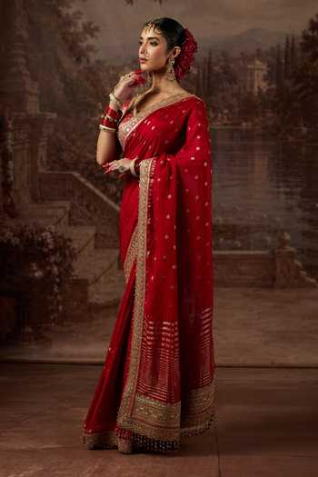Shikhar Sharma_Red Crepe, Silk, Chanderi Scoop Neck Zari Woven Saree With Blouse _Online_at_Aza_Fashions