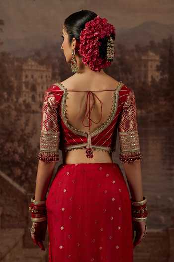 Buy_Shikhar Sharma_Red Crepe, Silk, Chanderi Scoop Neck Zari Woven Saree With Blouse _Online_at_Aza_Fashions