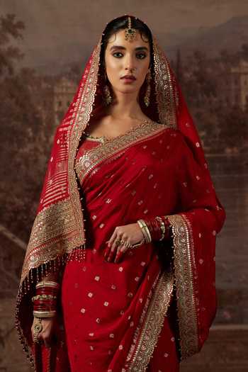 Shop_Shikhar Sharma_Red Crepe, Silk, Chanderi Scoop Neck Zari Woven Saree With Blouse _Online_at_Aza_Fashions