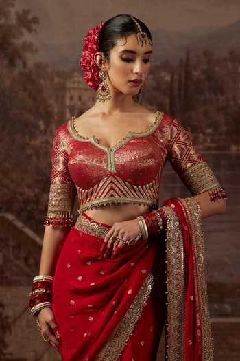 Shikhar Sharma_Red Crepe, Silk, Chanderi Scoop Neck Zari Woven Saree With Blouse _at_Aza_Fashions