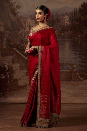 Shikhar Sharma Maroon Crepe, Silk, Chanderi Sweetheart Neck Zari Pattern Saree With Blouse Online at Aza Fashions Shikhar Sharma_Maroon Crepe, Silk, Chanderi Sweetheart Neck Zari Pattern Saree With Blouse _Online_at_Aza_Fashions