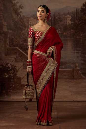 Buy Shikhar Sharma Maroon Crepe, Silk, Chanderi Sweetheart Neck Zari Pattern Saree With Blouse Online at Aza Fashions Buy_Shikhar Sharma_Maroon Crepe, Silk, Chanderi Sweetheart Neck Zari Pattern Saree With Blouse _Online_at_Aza_Fashions