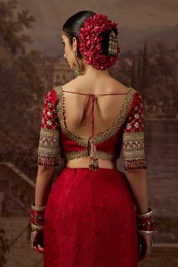 Shop Shikhar Sharma Maroon Crepe, Silk, Chanderi Sweetheart Neck Zari Pattern Saree With Blouse Online at Aza Fashions Shop_Shikhar Sharma_Maroon Crepe, Silk, Chanderi Sweetheart Neck Zari Pattern Saree With Blouse _Online_at_Aza_Fashions