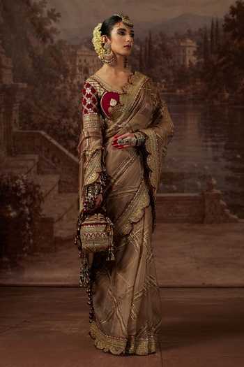 Shikhar Sharma_Grey Silk Organza, Silk, Chanderi Sweetheart Neck Saree With Blouse _Online_at_Aza_Fashions