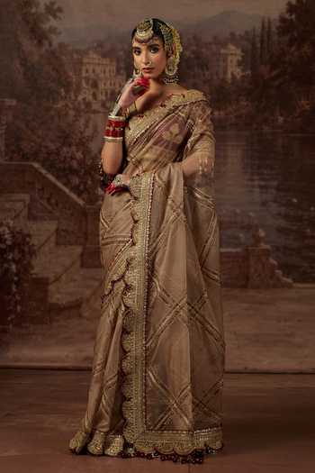 Shop_Shikhar Sharma_Grey Silk Organza, Silk, Chanderi Sweetheart Neck Saree With Blouse _Online_at_Aza_Fashions