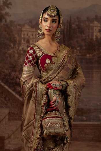 Shikhar Sharma_Grey Silk Organza, Silk, Chanderi Sweetheart Neck Saree With Blouse _at_Aza_Fashions