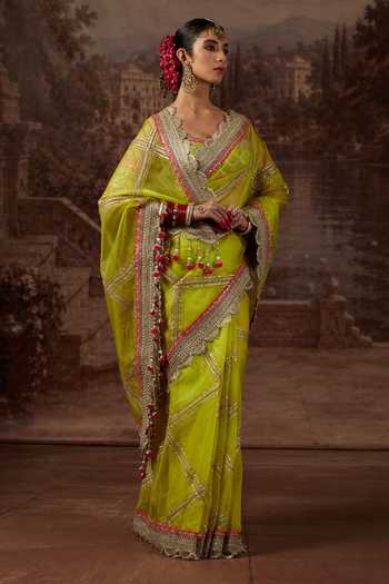 Shikhar Sharma_Green Silk Organza, Chanderi Sweetheart Neck Gota Jaal Work Saree With Blouse _Online_at_Aza_Fashions
