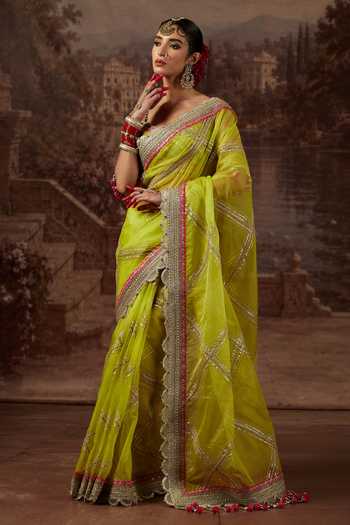 Buy_Shikhar Sharma_Green Silk Organza, Chanderi Sweetheart Neck Gota Jaal Work Saree With Blouse _Online_at_Aza_Fashions