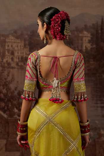Shop_Shikhar Sharma_Green Silk Organza, Chanderi Sweetheart Neck Gota Jaal Work Saree With Blouse _Online_at_Aza_Fashions