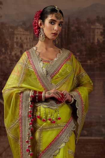 Shikhar Sharma_Green Silk Organza, Chanderi Sweetheart Neck Gota Jaal Work Saree With Blouse _at_Aza_Fashions
