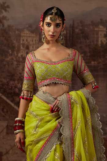 Buy_Shikhar Sharma_Green Silk Organza, Chanderi Sweetheart Neck Gota Jaal Work Saree With Blouse 