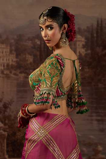 Shikhar Sharma_Pink Organza, Sweetheart Neck Gota Jaal Embroidered Saree With Blouse _Online_at_Aza_Fashions