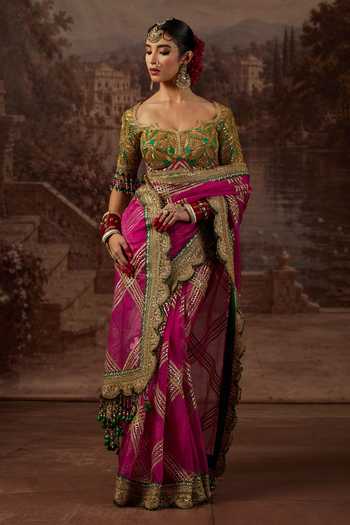 Buy_Shikhar Sharma_Pink Organza, Sweetheart Neck Gota Jaal Embroidered Saree With Blouse _Online_at_Aza_Fashions