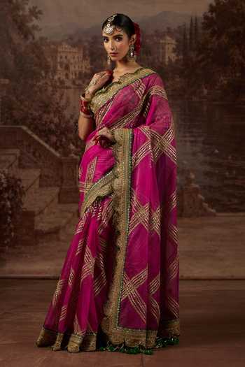 Shop_Shikhar Sharma_Pink Organza, Sweetheart Neck Gota Jaal Embroidered Saree With Blouse _Online_at_Aza_Fashions