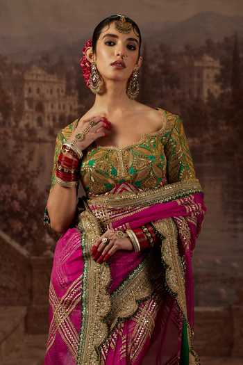 Shikhar Sharma_Pink Organza, Sweetheart Neck Gota Jaal Embroidered Saree With Blouse _at_Aza_Fashions
