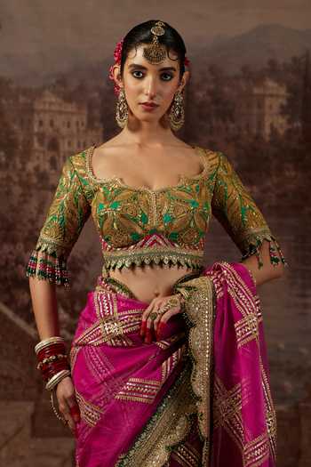 Buy_Shikhar Sharma_Pink Organza, Sweetheart Neck Gota Jaal Embroidered Saree With Blouse 