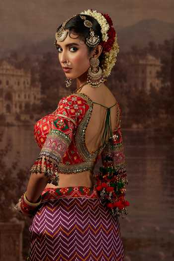 Shikhar Sharma_Red Silk, Taffeta V-neck Patola Print Saree With Blouse _Online_at_Aza_Fashions