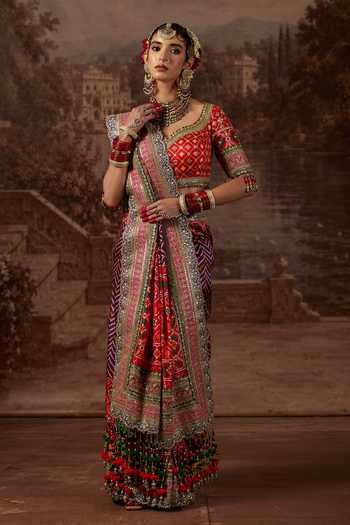Buy_Shikhar Sharma_Red Silk, Taffeta V-neck Patola Print Saree With Blouse _Online_at_Aza_Fashions