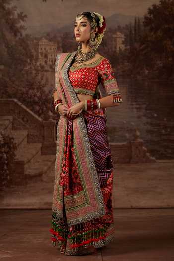 Shop_Shikhar Sharma_Red Silk, Taffeta V-neck Patola Print Saree With Blouse _Online_at_Aza_Fashions