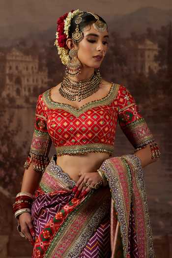 Shikhar Sharma_Red Silk, Taffeta V-neck Patola Print Saree With Blouse _at_Aza_Fashions