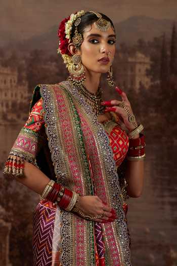 Buy_Shikhar Sharma_Red Silk, Taffeta V-neck Patola Print Saree With Blouse 