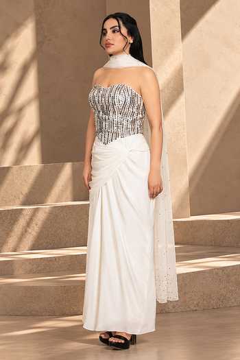 Shop Bohame White Crepe, Net Sequins, Mirrors Aabshar Embroidered Corset Skirt Set Online at Aza Fashions Shop_Bohame_White Crepe, Net Sequins, Mirrors Aabshar Embroidered Corset Skirt Set _Online_at_Aza_Fashions