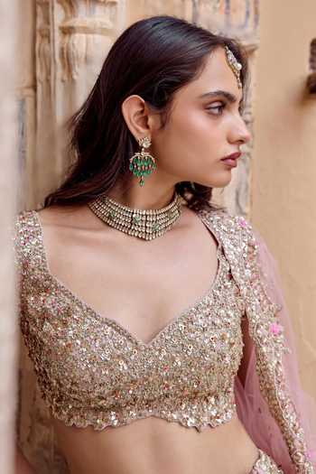 Osaa By Adarsh Pink Silk, Tissue, Tulle V-neck Rose Embroidered Bridal Lehenga Set Online at Aza Fashions Osaa By Adarsh_Pink Silk, Tissue, Tulle V-neck Rose Embroidered Bridal Lehenga Set _Online_at_Aza_Fashions
