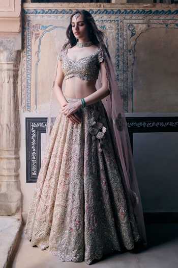 Shop Osaa By Adarsh Pink Silk, Tissue, Tulle V-neck Rose Embroidered Bridal Lehenga Set Online at Aza Fashions Shop_Osaa By Adarsh_Pink Silk, Tissue, Tulle V-neck Rose Embroidered Bridal Lehenga Set _Online_at_Aza_Fashions