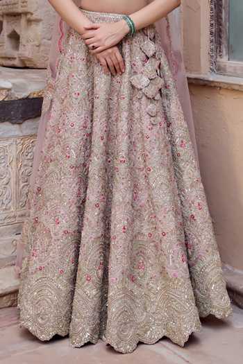 Osaa By Adarsh Pink Silk, Tissue, Tulle V-neck Rose Embroidered Bridal Lehenga Set at Aza Fashions Osaa By Adarsh_Pink Silk, Tissue, Tulle V-neck Rose Embroidered Bridal Lehenga Set _at_Aza_Fashions