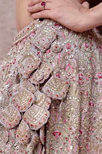 Buy Osaa By Adarsh Pink Silk, Tissue, Tulle V-neck Rose Embroidered Bridal Lehenga Set Buy_Osaa By Adarsh_Pink Silk, Tissue, Tulle V-neck Rose Embroidered Bridal Lehenga Set