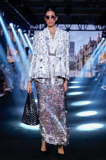 Rahul Singh Kantha Hand Embroidered Blazer Skirt Set 