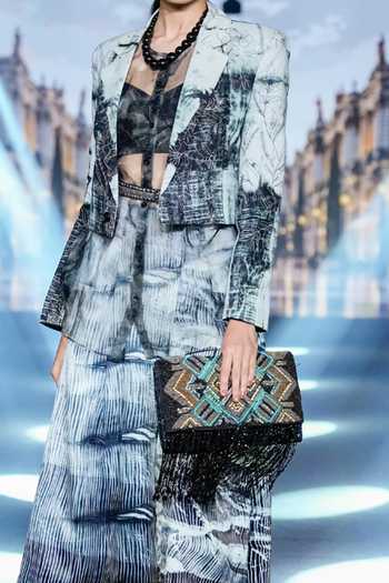 Rahul Singh_Black Cotton, Organza, Kota Doria, Satin, Modal Shibori Print Jacket Skirt Set _Online_at_Aza_Fashions