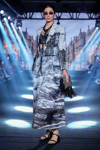 Rahul Singh Shibori Print Jacket Skirt Set 