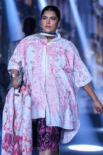 Rahul Singh_Pink Cotton Mandarin Collar Kantha Embroidered Dress With Shirt _Online_at_Aza_Fashions