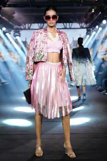 Buy_Rahul Singh_Pink Cotton, Silk Open , Bandeau Hand Embellished Jacket Skirt Set _Online_at_Aza_Fashions
