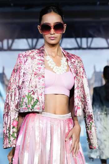 Shop_Rahul Singh_Pink Cotton, Silk Open , Bandeau Hand Embellished Jacket Skirt Set _Online_at_Aza_Fashions